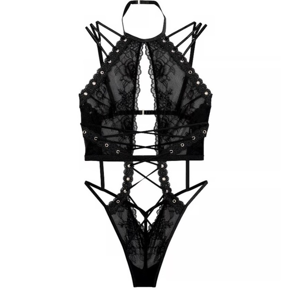 NEW Victoria’s Secret High-Neck Rose Lace & Grommet Strappy Teddy 4417 - Picture 1 of 10